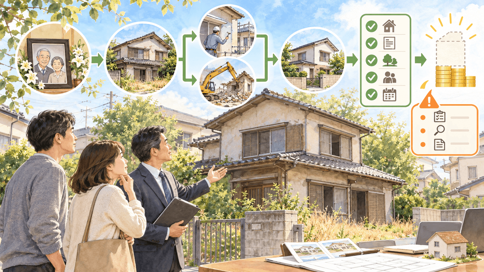 相続した空き家を改修または解体して売却し特例要件を確認する相続人のイラスト