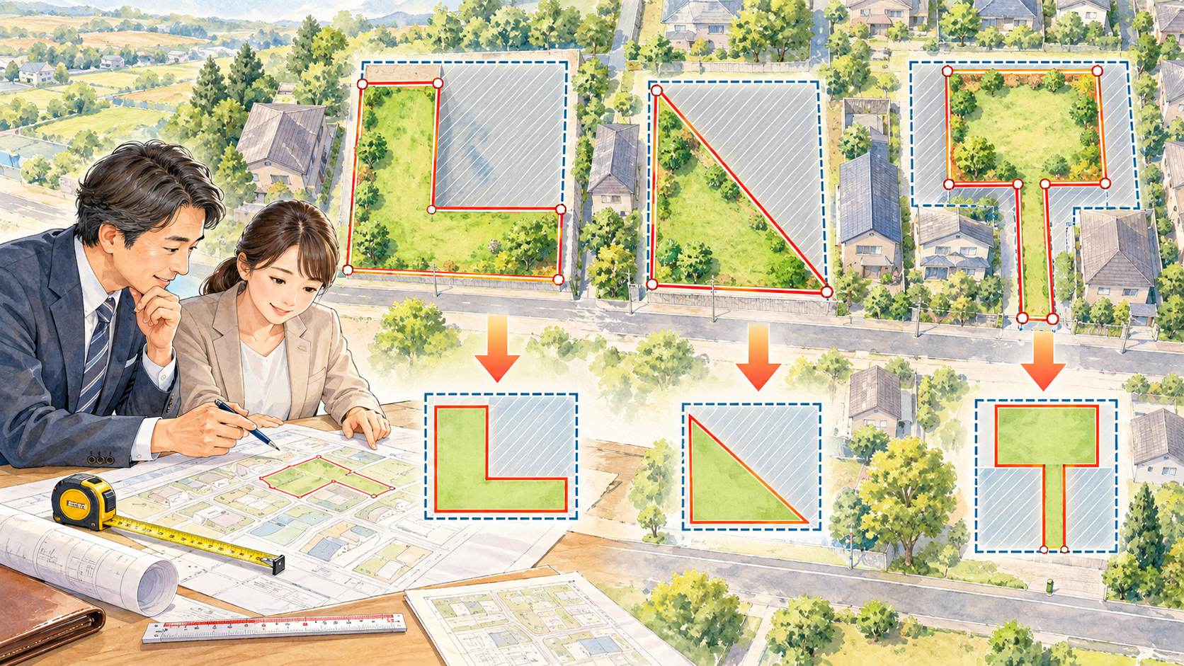 L字型や三角形や旗竿地のかげ地と接道条件を測って評価補正するイラスト