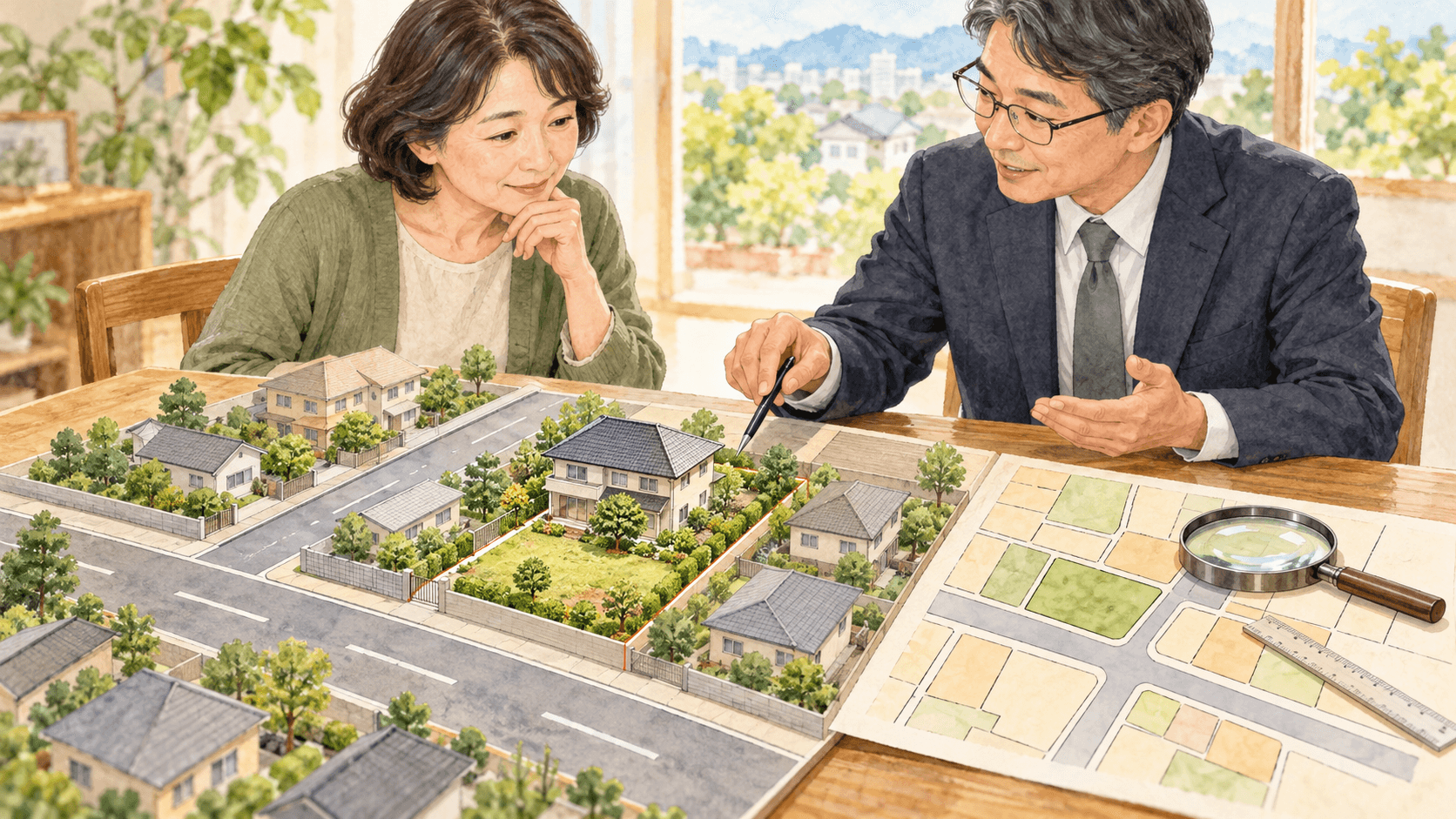住宅地の道路と土地の図面を使って相続する土地の評価を確認するイラスト