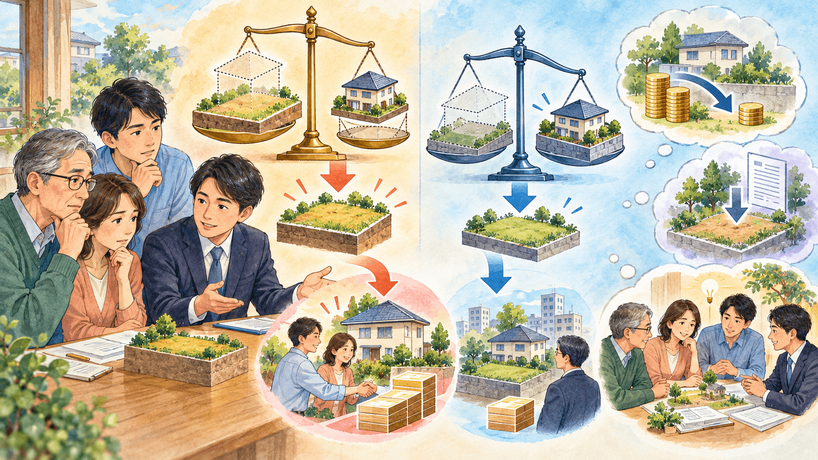 底地の相続税評価額と借地人・第三者への実際の売却価格を比較するイラスト