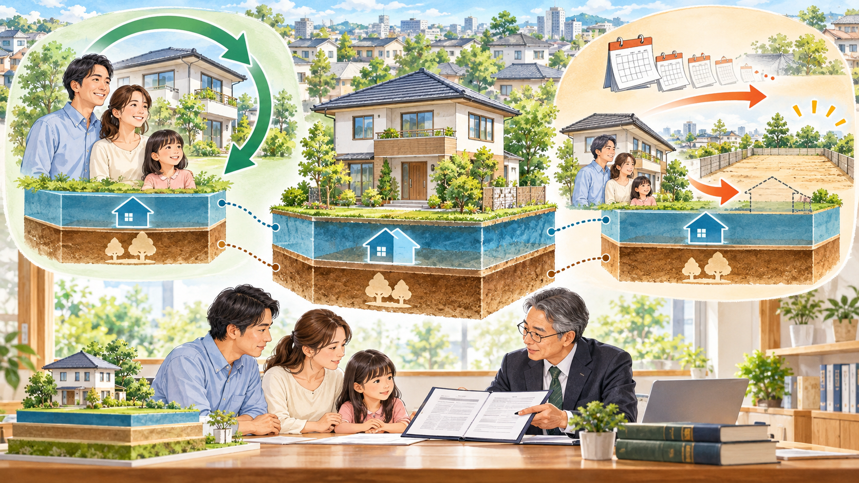 普通借地権と定期借地権について借地人と地主の権利や残存期間を確認するイラスト