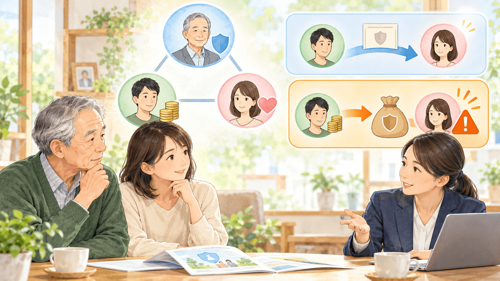 生命保険の契約者変更と保険料負担者から受取人への経済的利益を確認するイラスト