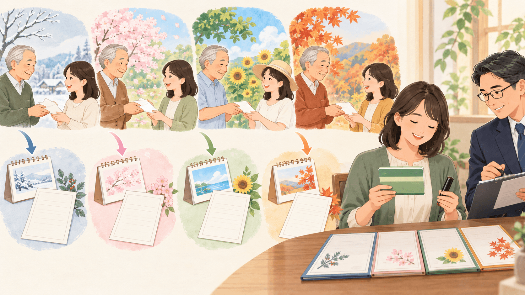 季節ごとに贈与契約を残し受贈者が通帳と印鑑を管理する生前贈与のイラスト