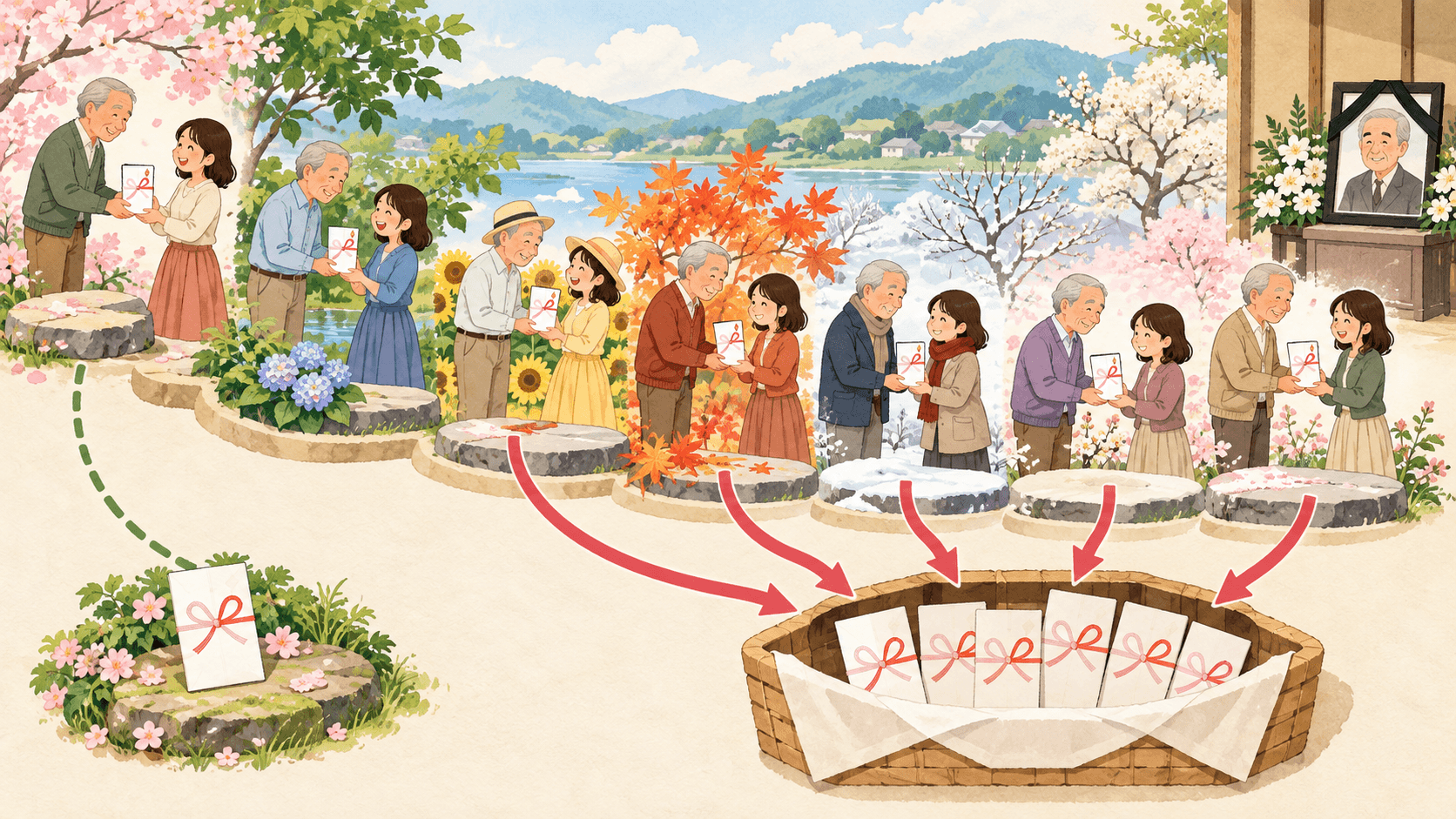 過去の生前贈与が相続時に加算される期間を季節の流れで示すイラスト
