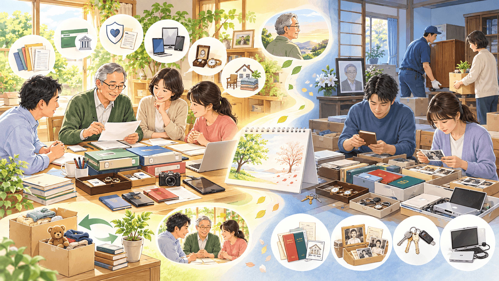 本人が行う生前整理と死後に家族が行う遺品整理の時期と作業を比較するイラスト
