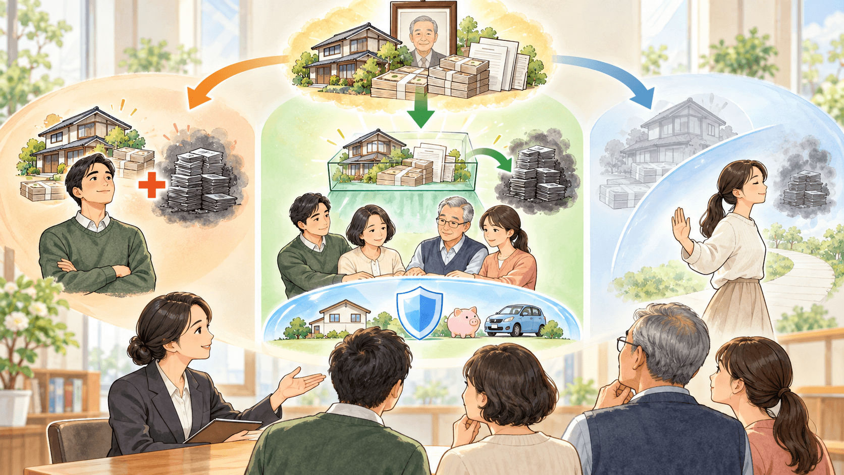 単純承認と限定承認と相続放棄で財産と債務の扱いを比較するイラスト