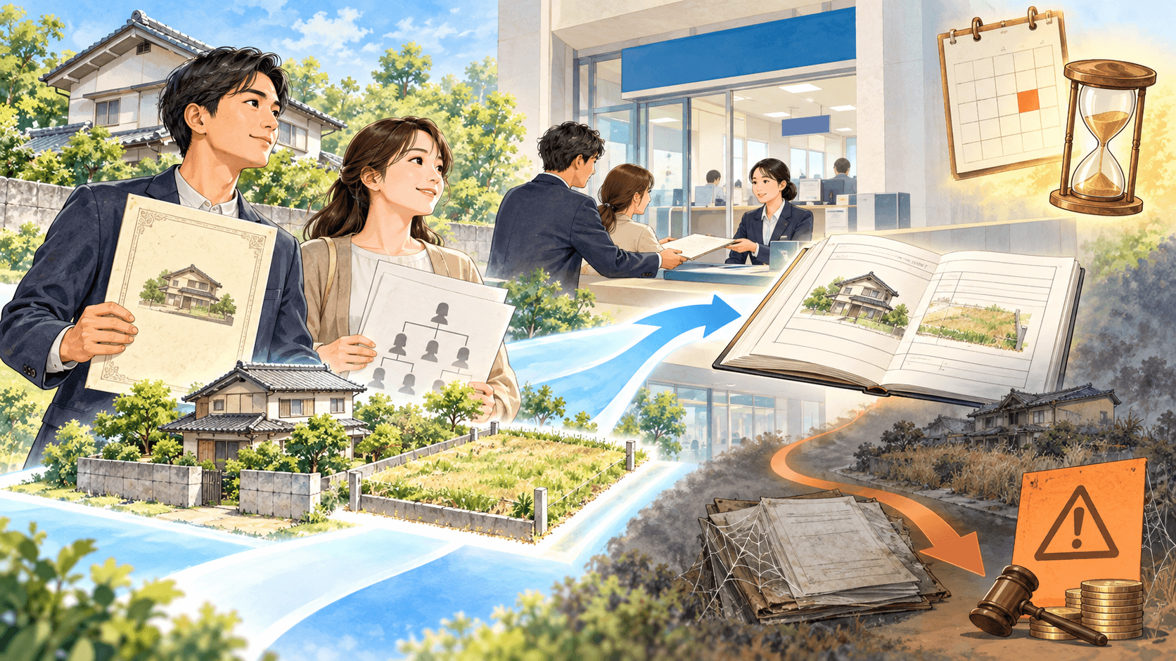 相続した家と土地を期限内に登記し放置リスクを避ける相続人のイラスト