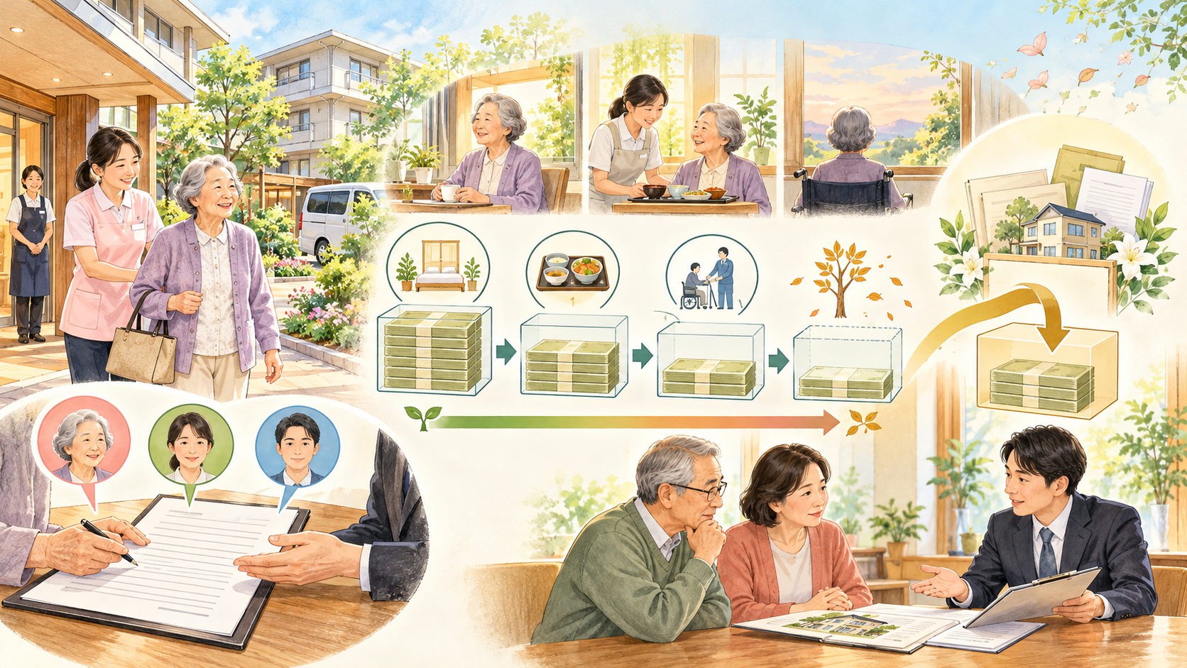 老人ホーム入居一時金の償却と未償却返還金の相続税上の扱いを確認するイラスト