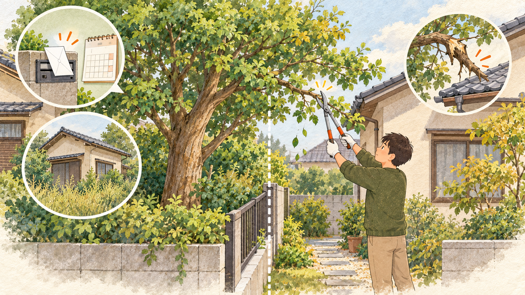 隣地から境界を越えた木の枝を条件に沿って切るイラスト