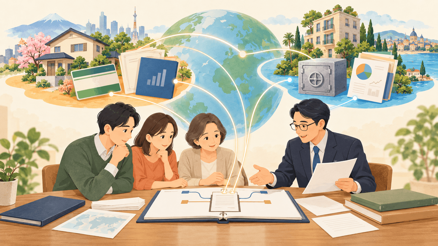国内外にある不動産や預貯金をまとめて相続税申告する家族のイラスト