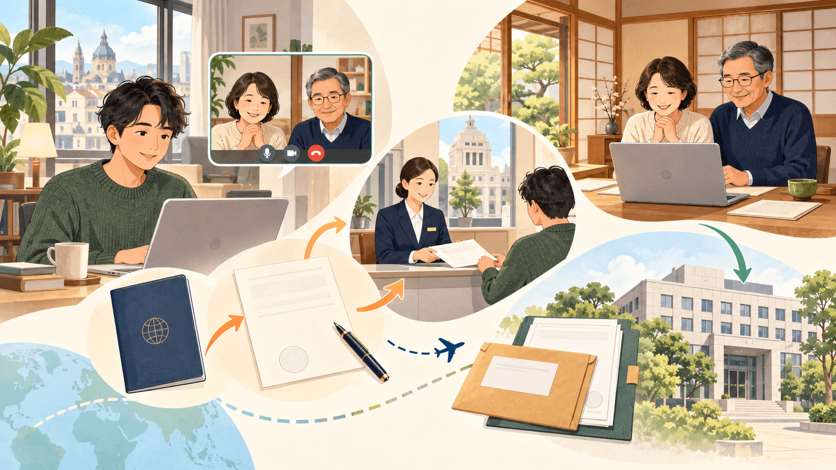海外在住の相続人が日本の家族と書類をそろえて申告手続きを進めるイラスト