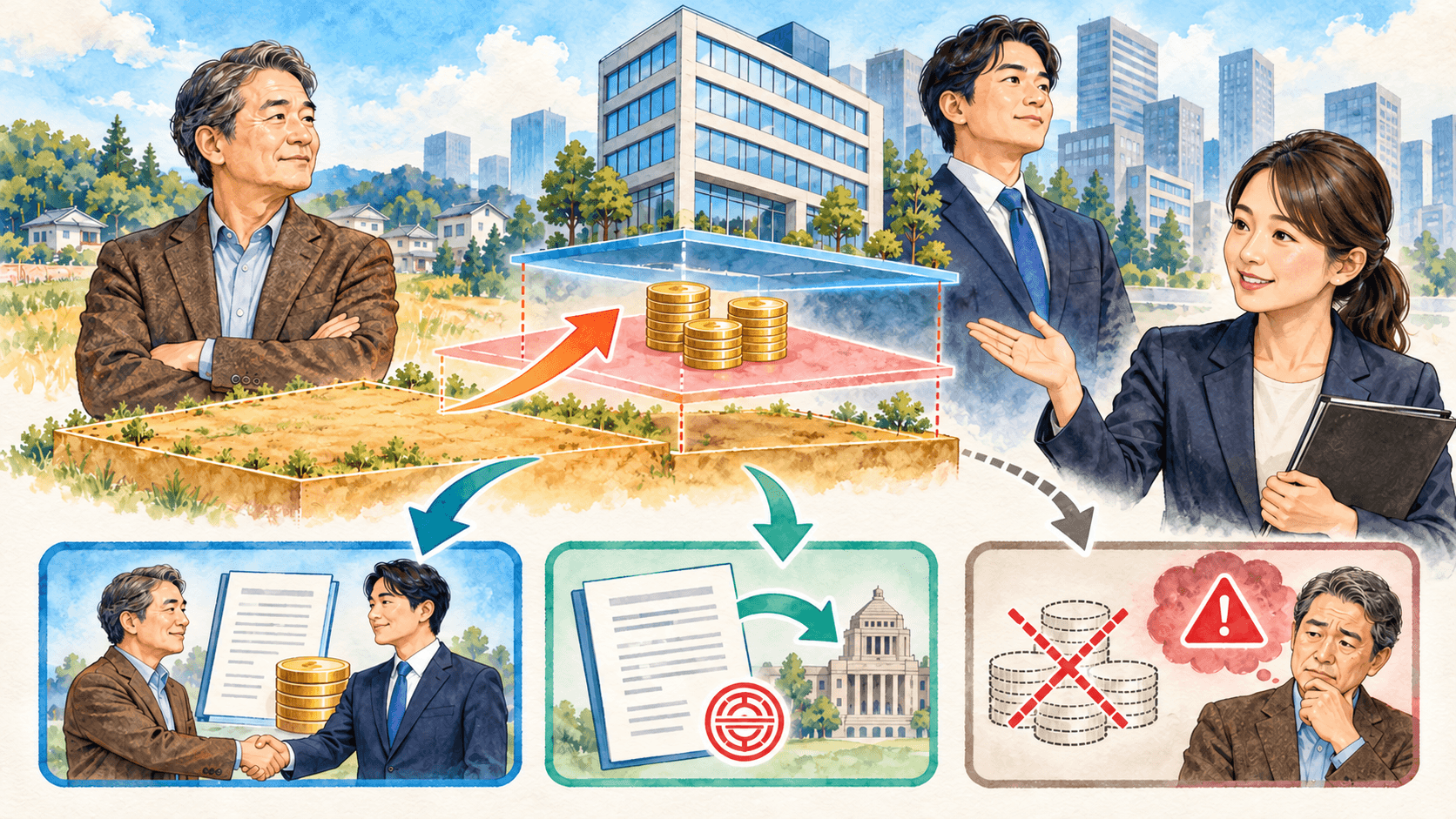 社長個人の土地に会社が建物を建てる際の借地権と税務手続きを確認するイラスト