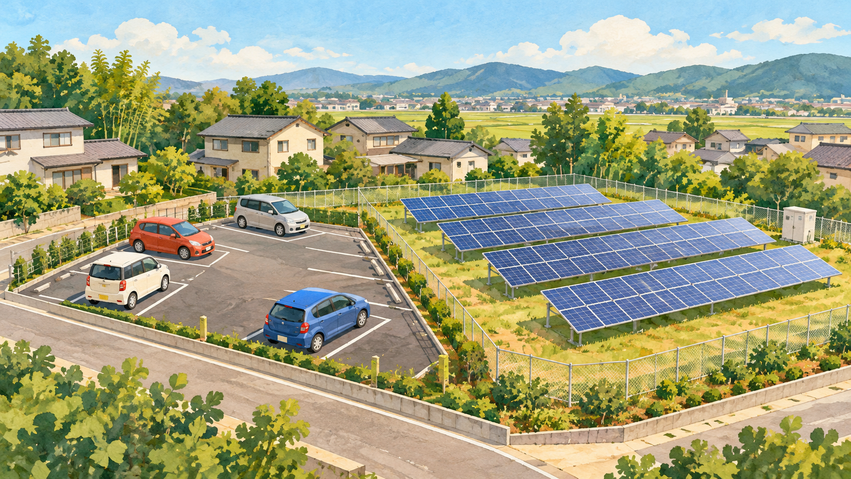 駐車場と太陽光発電設備がある土地を上空から見たイラスト