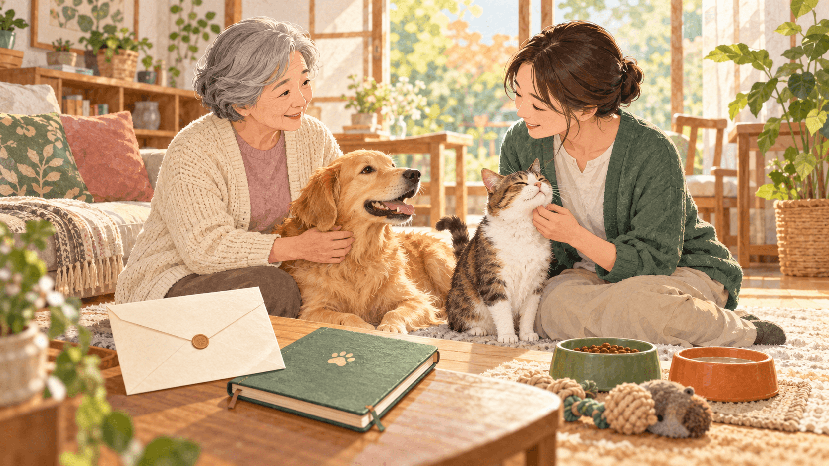 高齢の飼い主が犬と猫の世話を若い家族へ託すイラスト