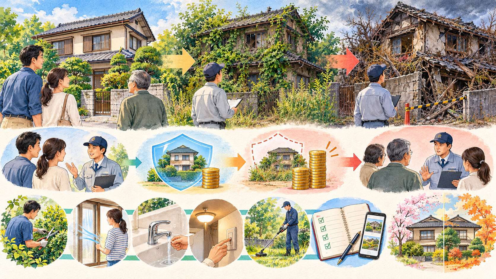 管理不全空家への勧告で住宅用地特例が外れる前に維持管理を行うイラスト