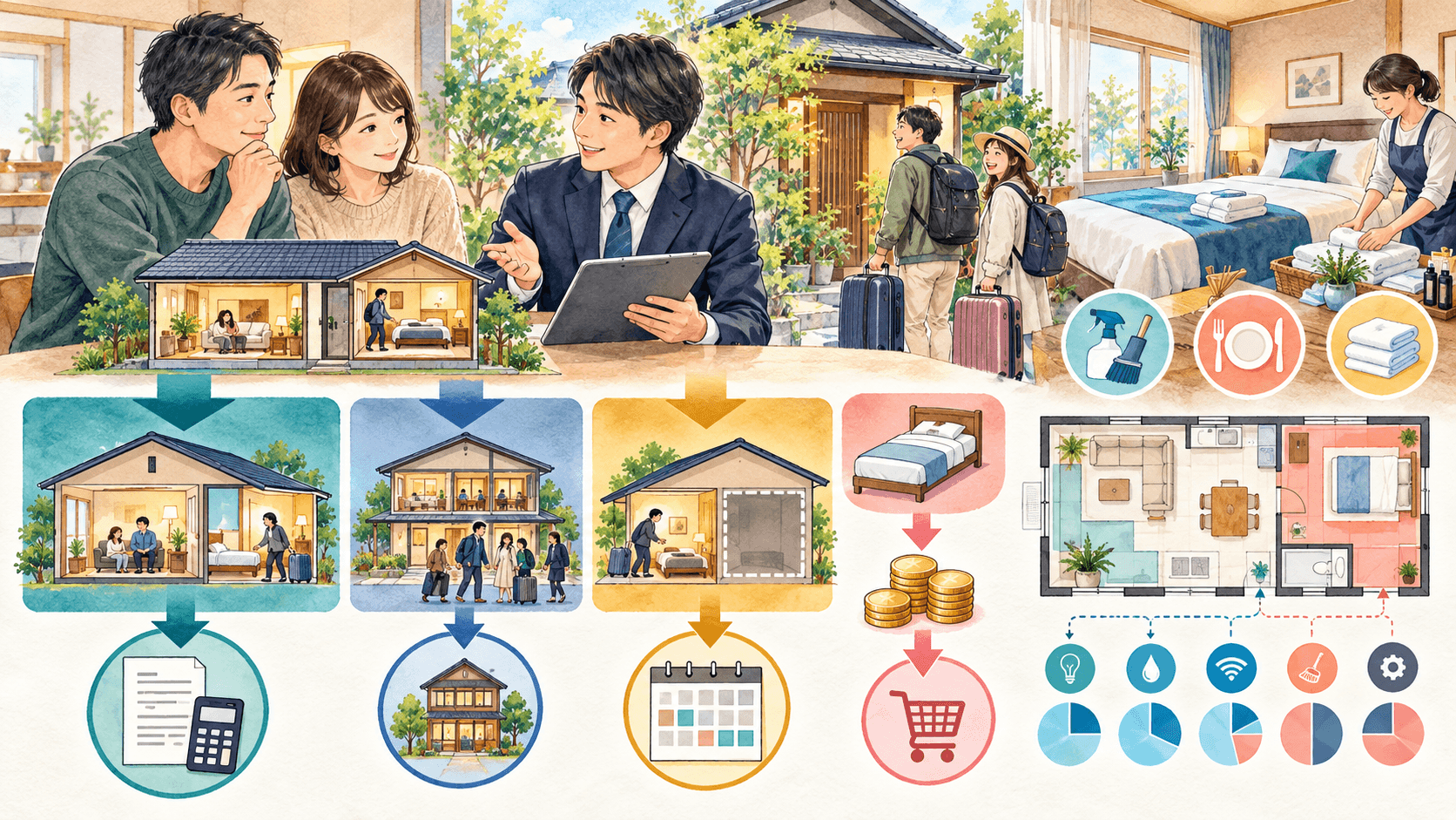 自宅の一部を民泊に使う家族が所得区分と消費税と共通経費の按分を確認するイラスト