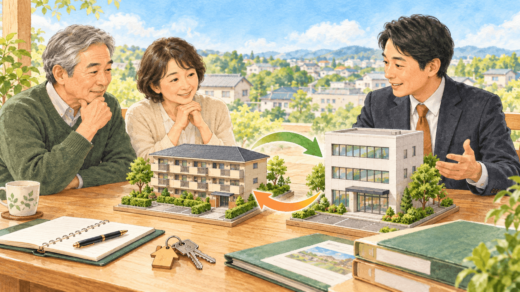 賃貸物件の模型と管理資料を囲み資産管理会社の設立を検討するイラスト