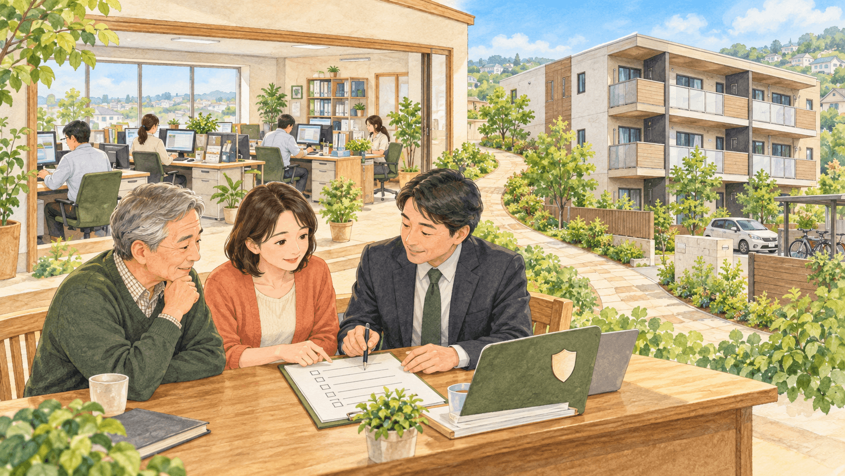賃貸不動産を保有する会社の事業実態を親子と専門家が確認するイラスト