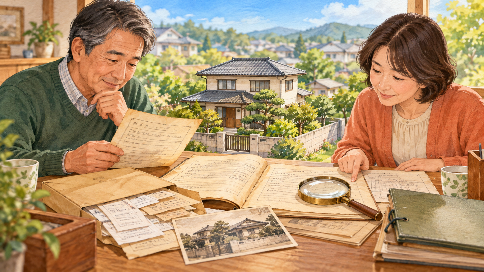 実家の売却に向けて購入時の契約書や領収書を家族が確認するイラスト