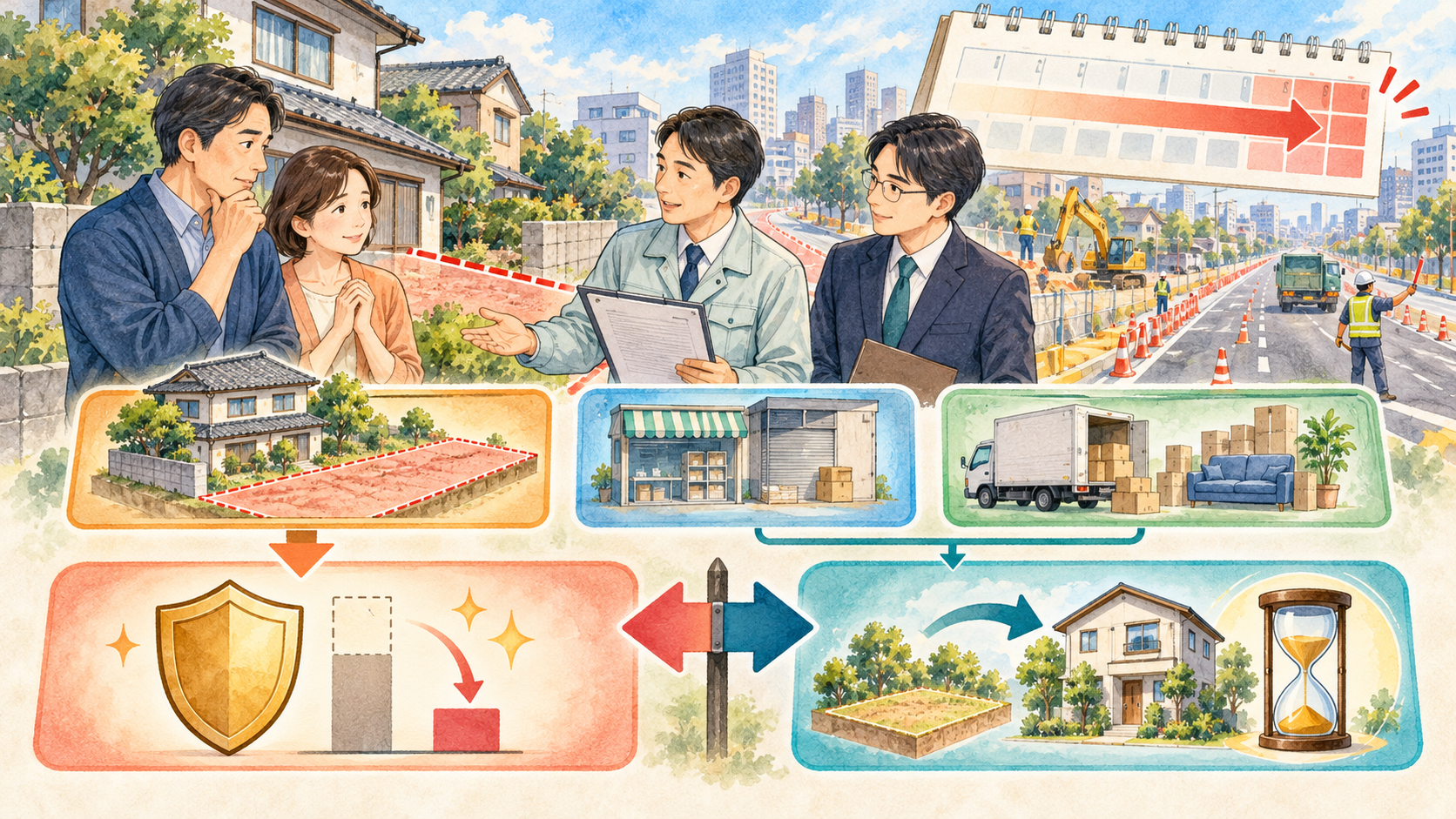 道路拡張による土地買収で特別控除の期限と代替資産への課税繰延べを比較するイラスト