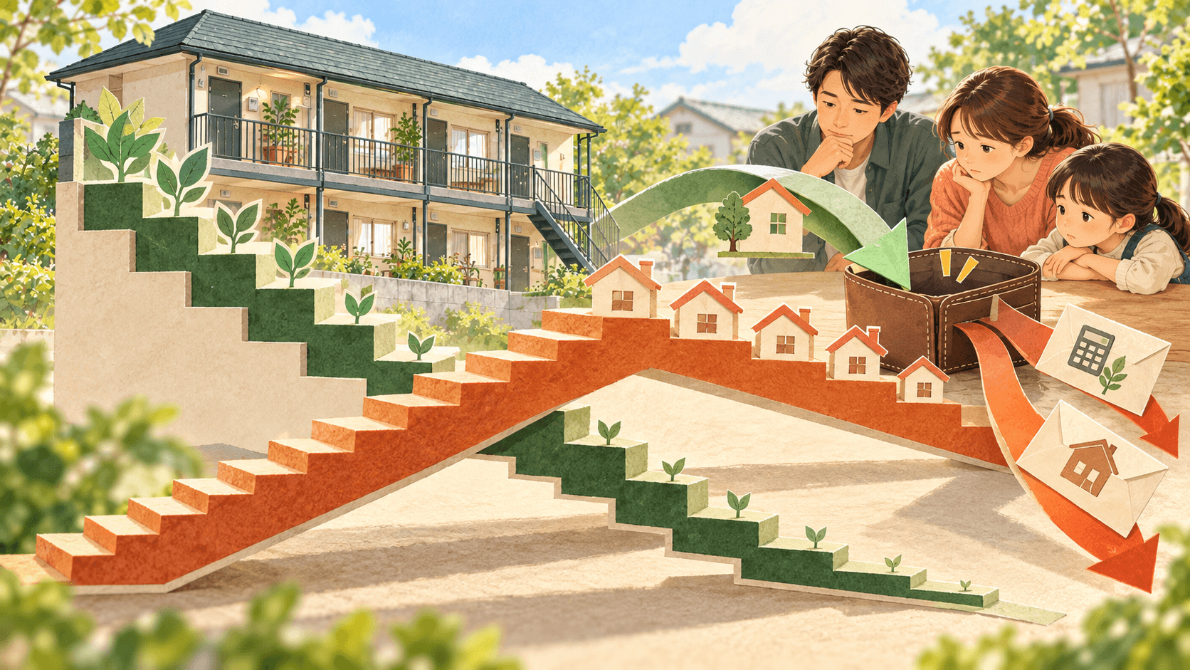 減価償却とローン返済の階段が交差するデッドクロスのイラスト