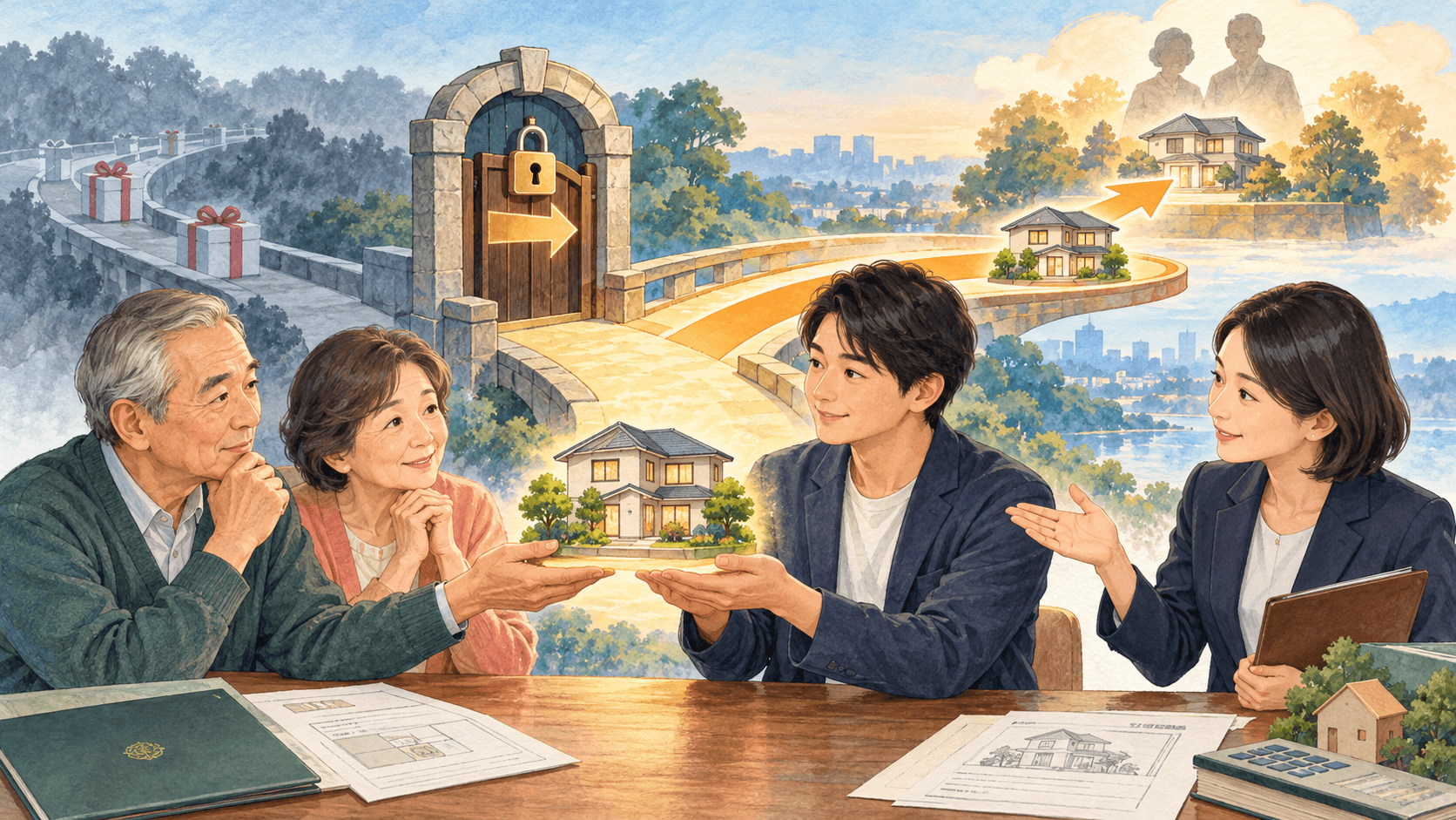 不動産の生前贈与で相続時精算課税の選択と将来の相続計算を確認するイラスト