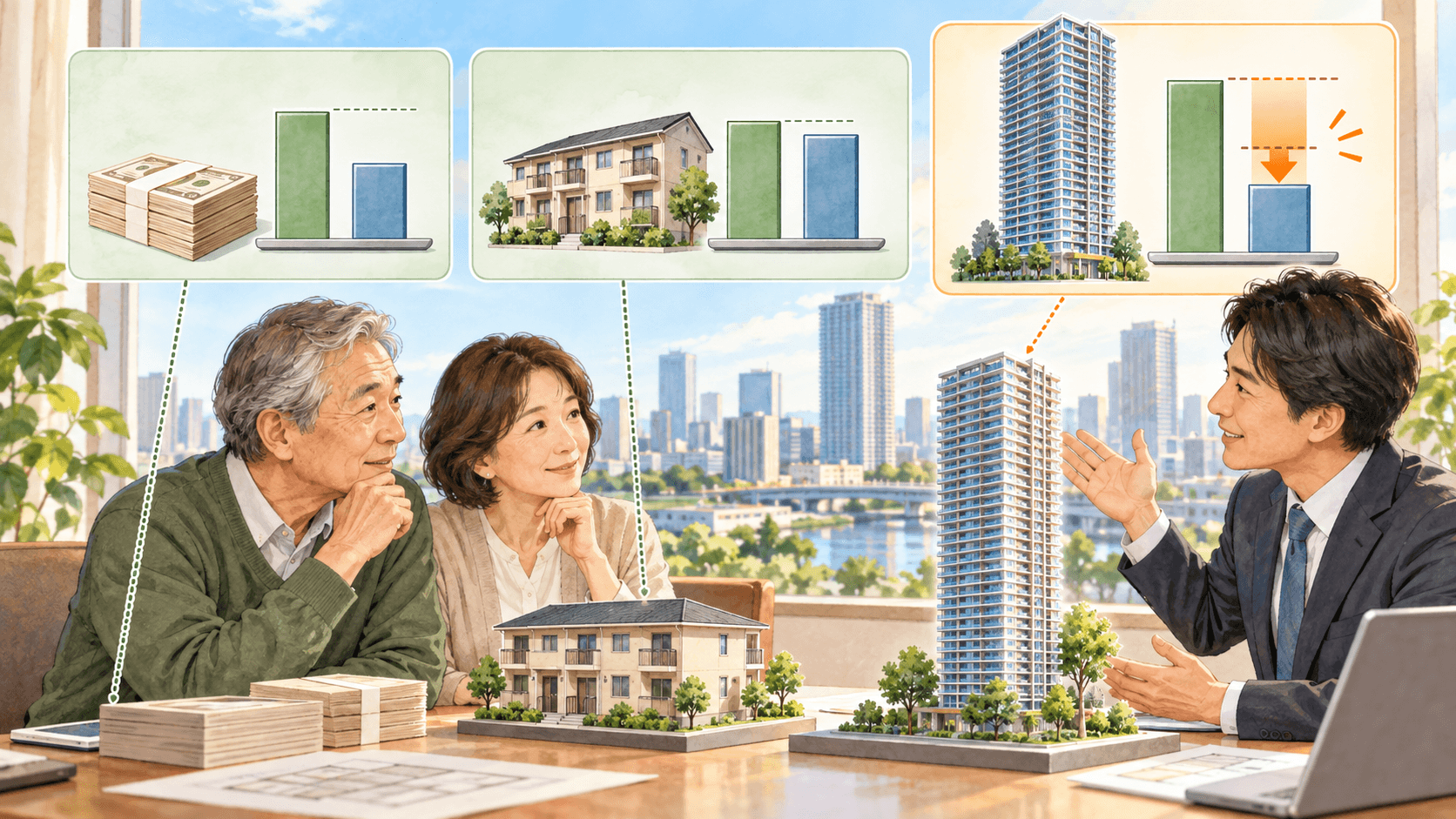 現金と賃貸不動産とタワーマンションの評価差や調整を比較するイラスト