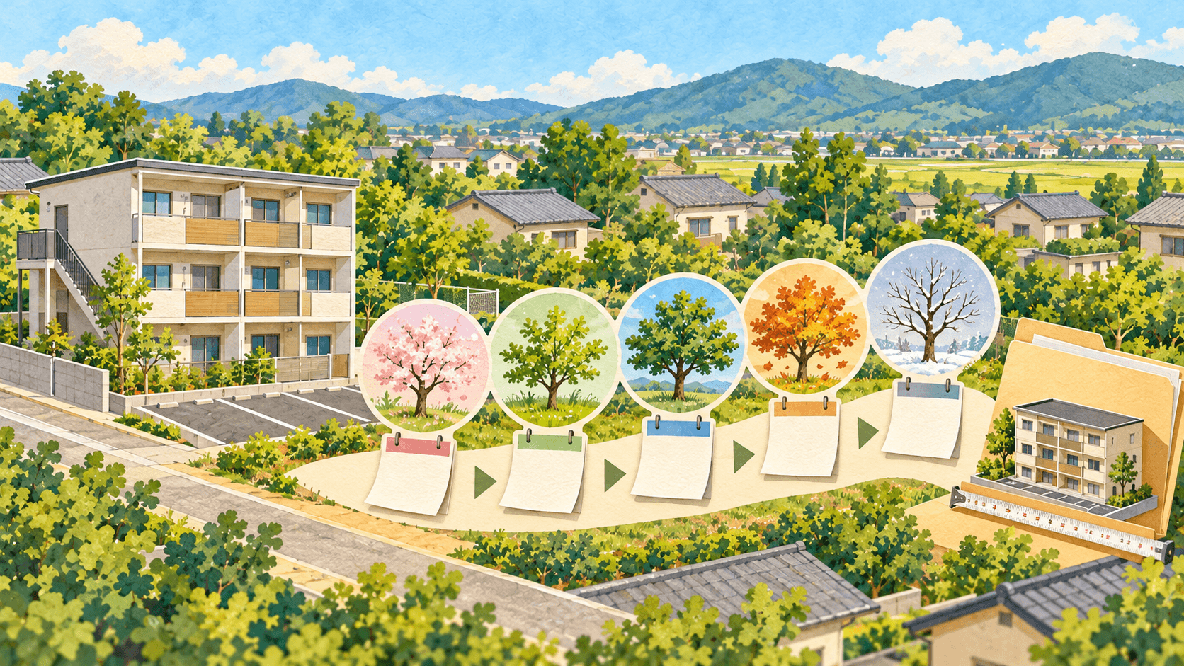新築アパートと5つの季節で評価までの期間を表したイラスト
