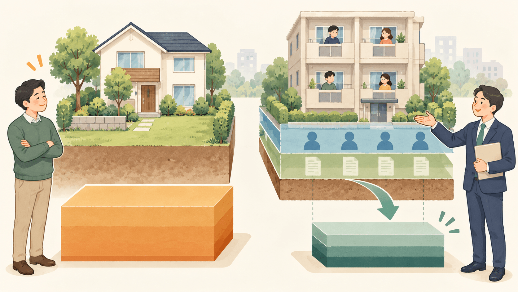 自用地と貸家の敷地を比べ入居者の権利による評価減を確認するイラスト