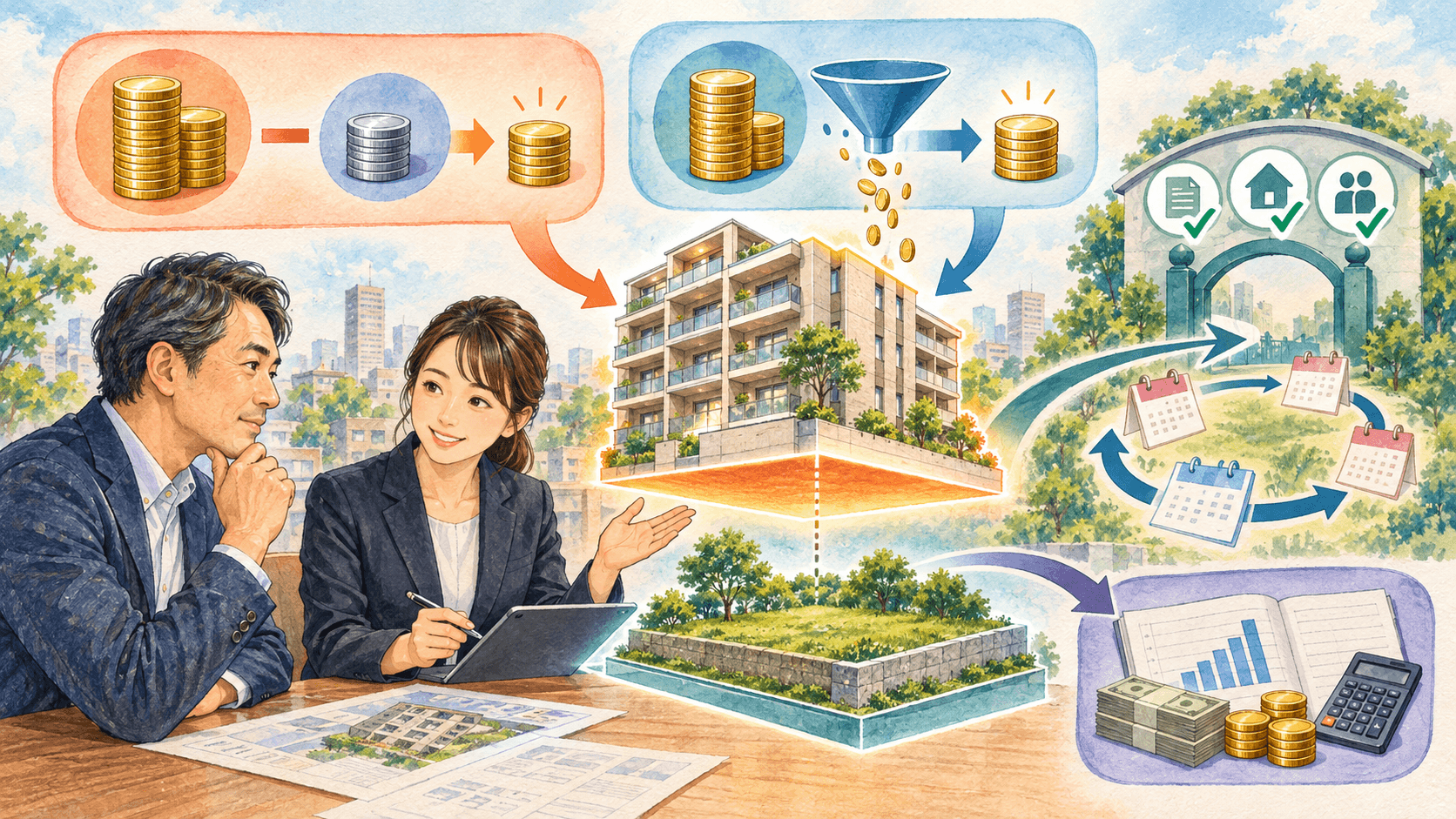 収益物件の土地と建物を分けて消費税の原則課税と簡易課税を比較するイラスト