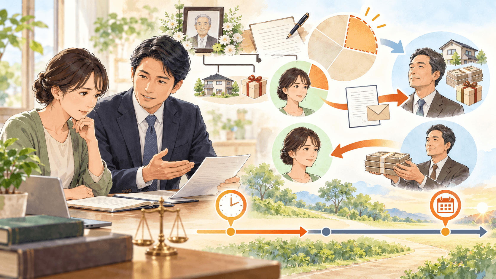 遺留分を下回った相続人が期限を確認して受遺者へ金銭請求するイラスト