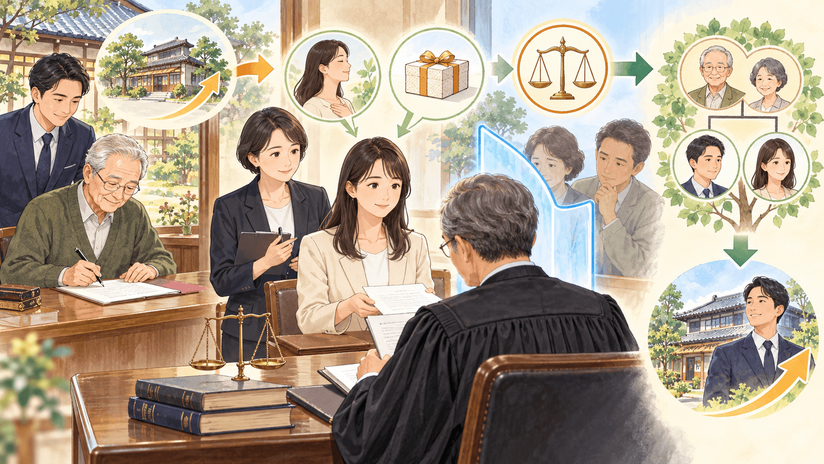 相続人本人の自由意思や代償を家庭裁判所が確認して遺留分の生前放棄を許可するイラスト