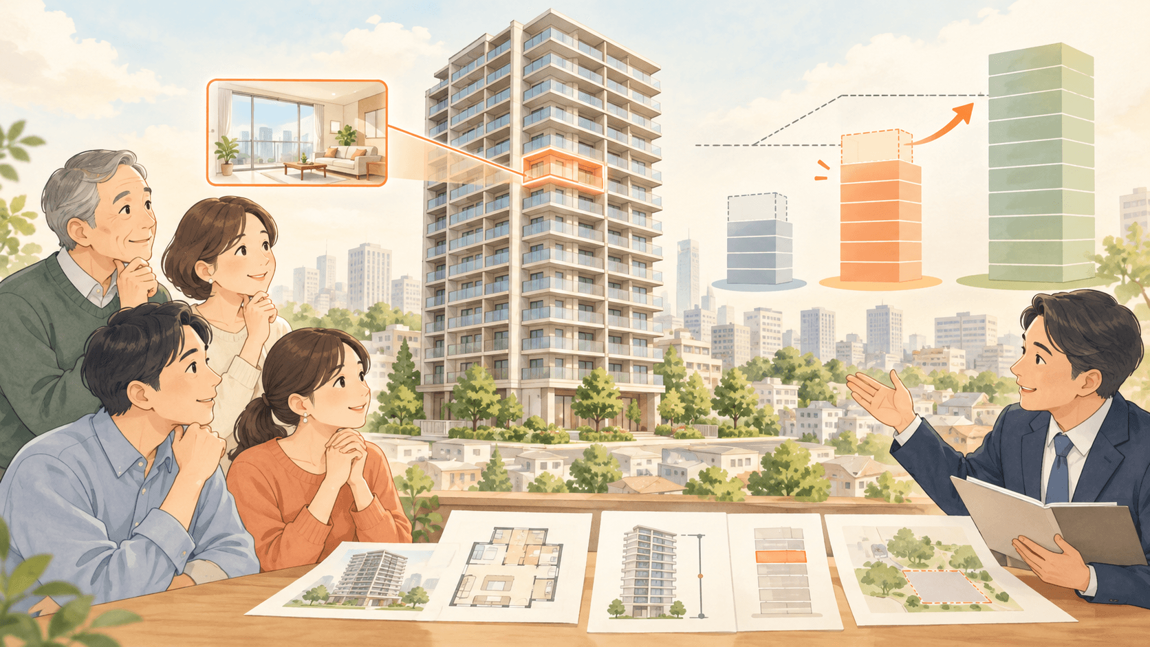 マンションの階数や築年数などを踏まえて改正後の相続税評価を確認する家族のイラスト
