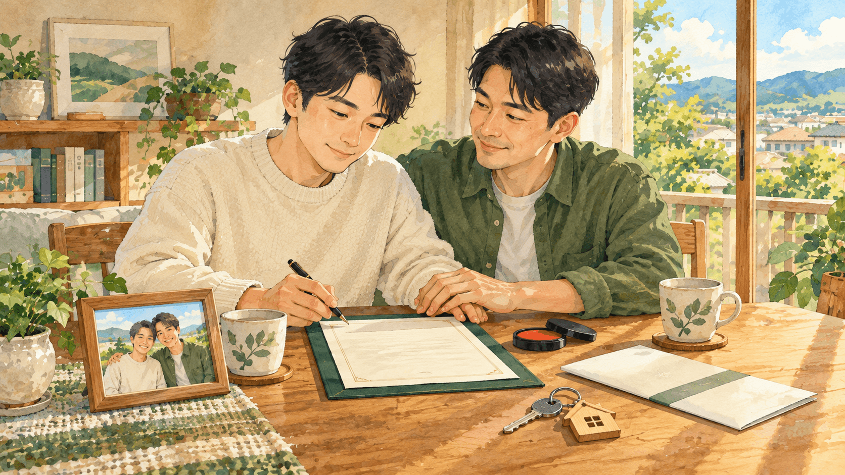 同性パートナーが自宅で遺言と財産の承継を準備するイラスト