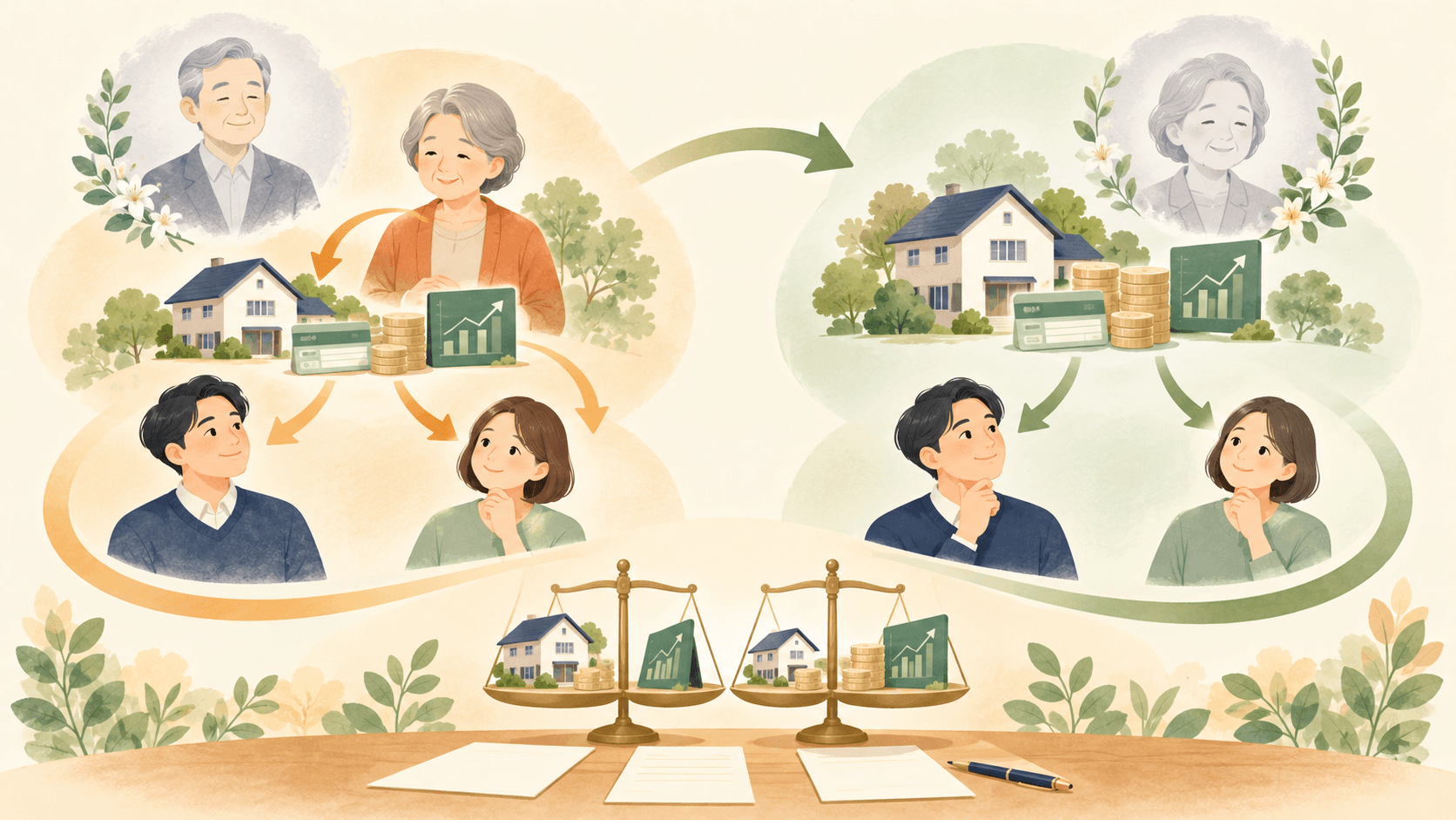 一次相続と二次相続の二段階で家と預貯金の分け方を比較する家族のイラスト