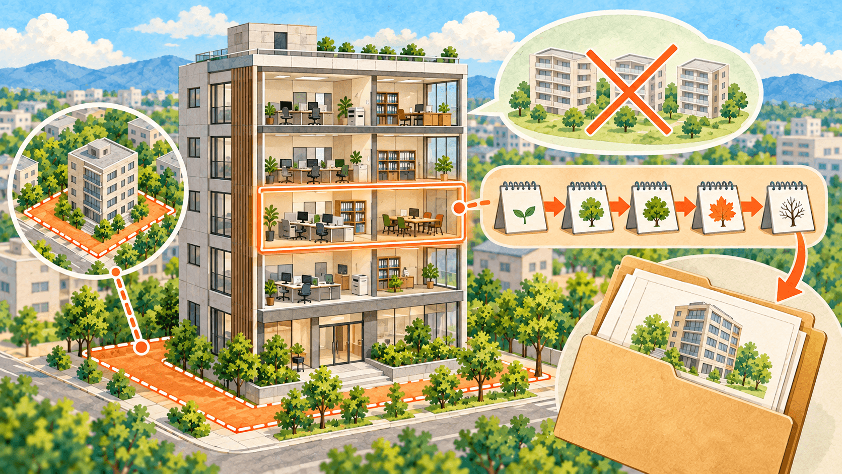 区分所有オフィスの土地持分と取得後の期間を評価するイラスト