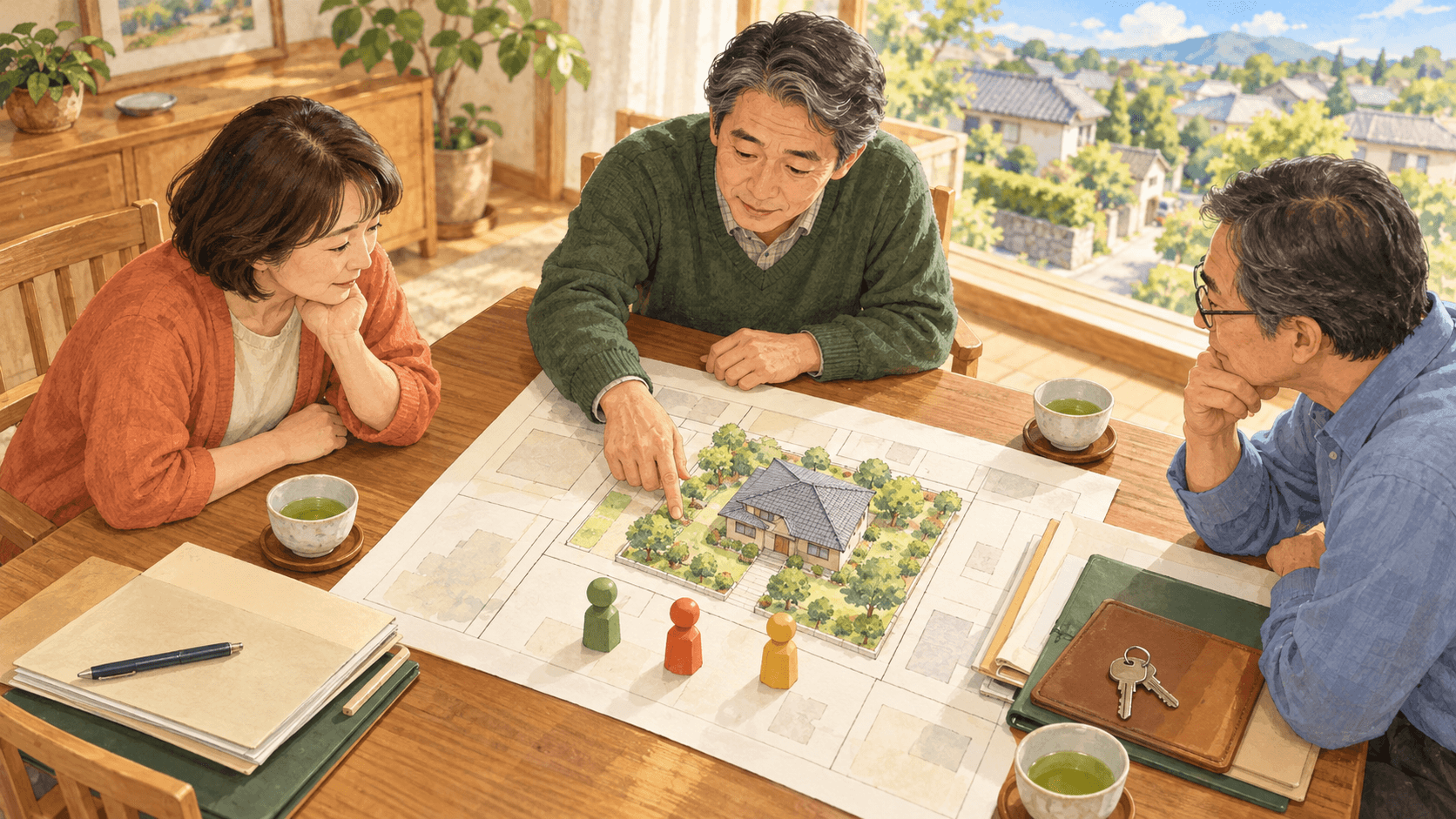 共有名義の実家の売却と代金の分け方を家族が図面で話し合うイラスト