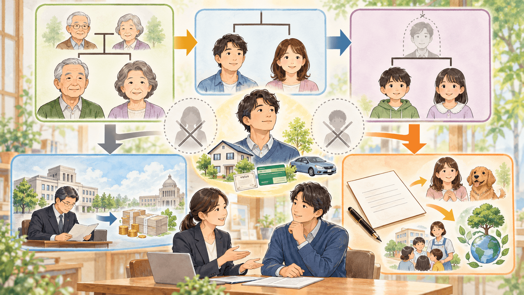 配偶者や子がいない人の相続人を直系尊属から兄弟姉妹や甥姪の順に確認するイラスト