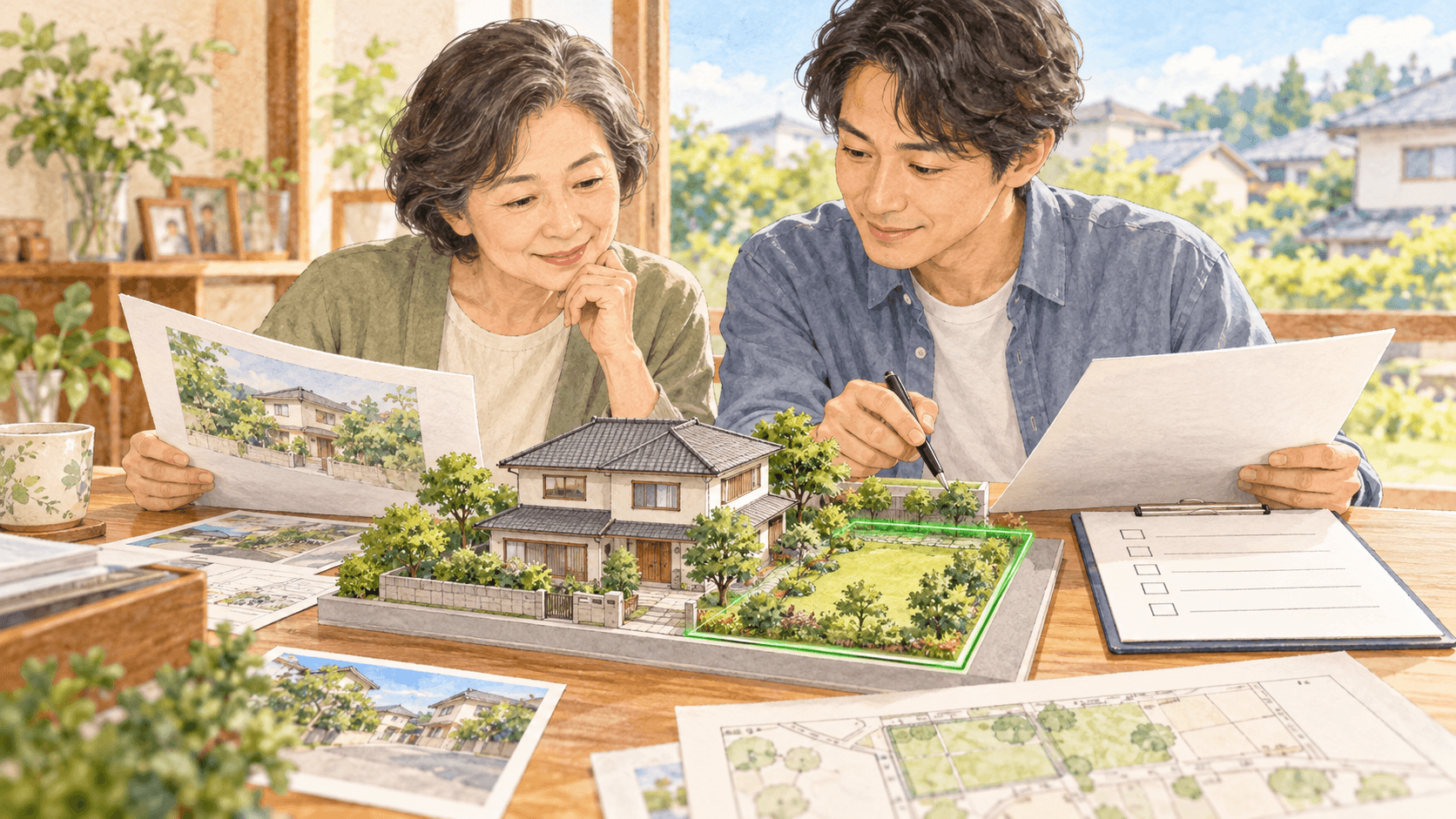 相続する自宅の土地と家族の居住状況を資料で確認するイラスト