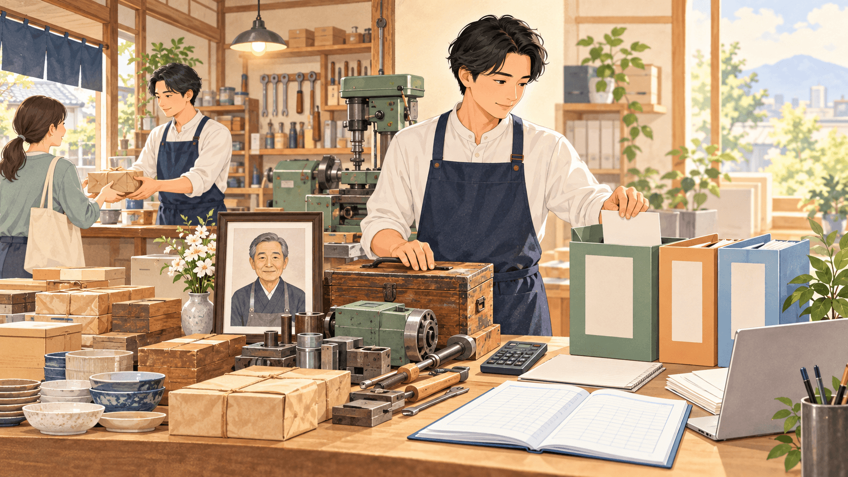 個人事業主の相続人が店舗の設備や在庫と帳簿を引き継ぐイラスト