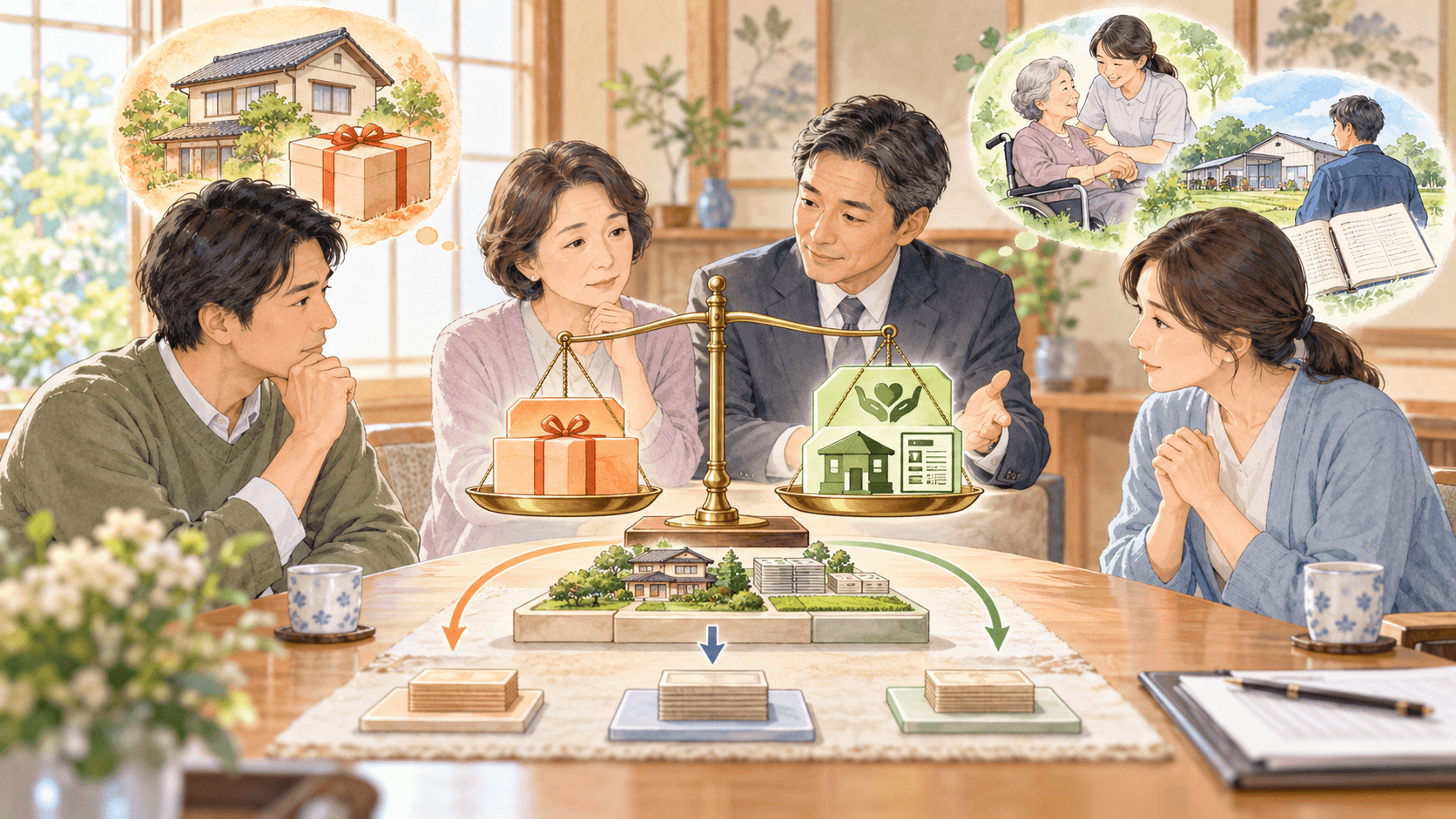 生前贈与の特別受益と介護や事業への寄与分を考慮して遺産を分ける家族のイラスト