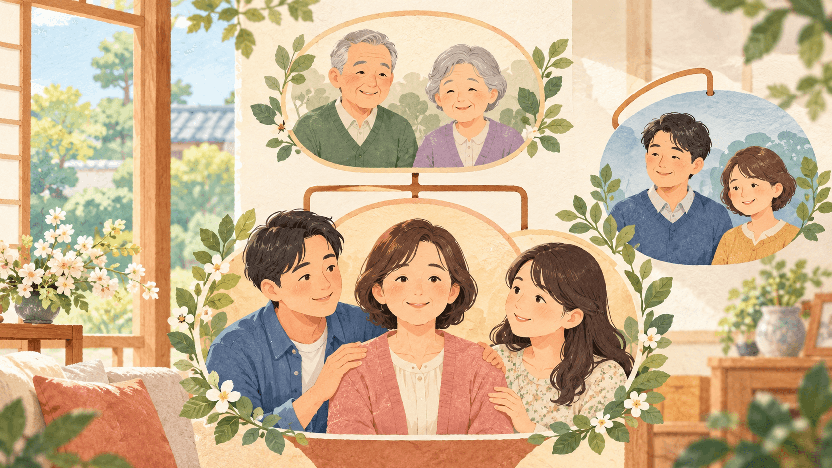 配偶者や子、親、きょうだいの関係から法定相続人の順位を表した家系図のイラスト