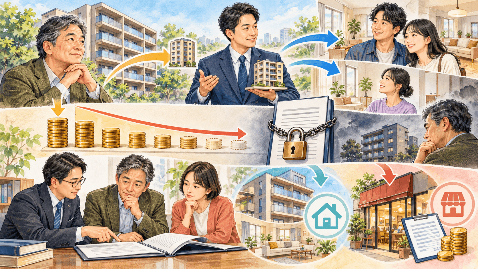 サブリースの転貸関係と賃料減額リスクと住宅・事業用の消費税を確認するイラスト