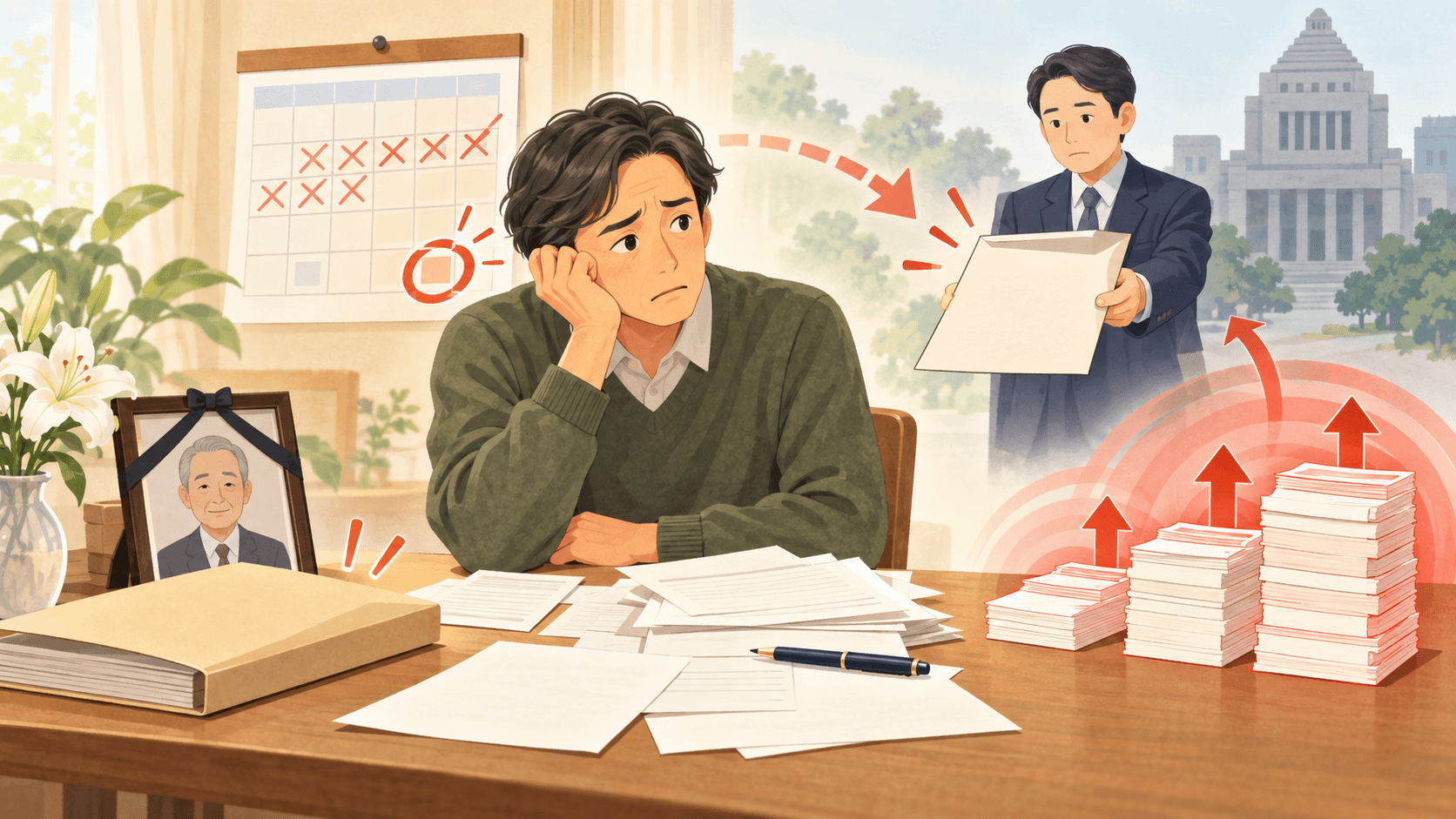 相続税を申告しないまま期限を過ぎ税務署からの通知と追加負担に直面する相続人のイラスト