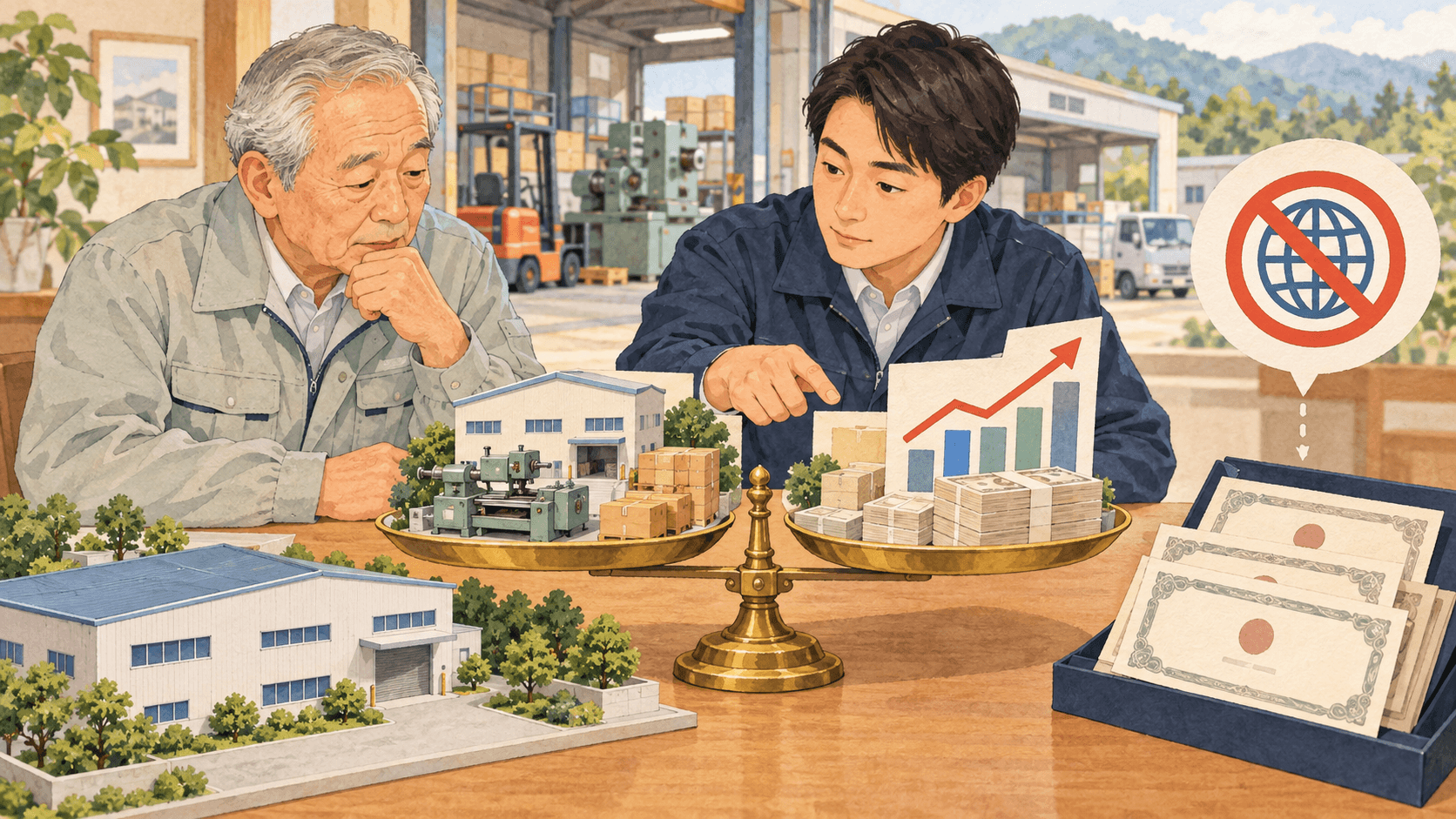 自社株の価値を会社の資産と収益から評価する事業承継のイラスト