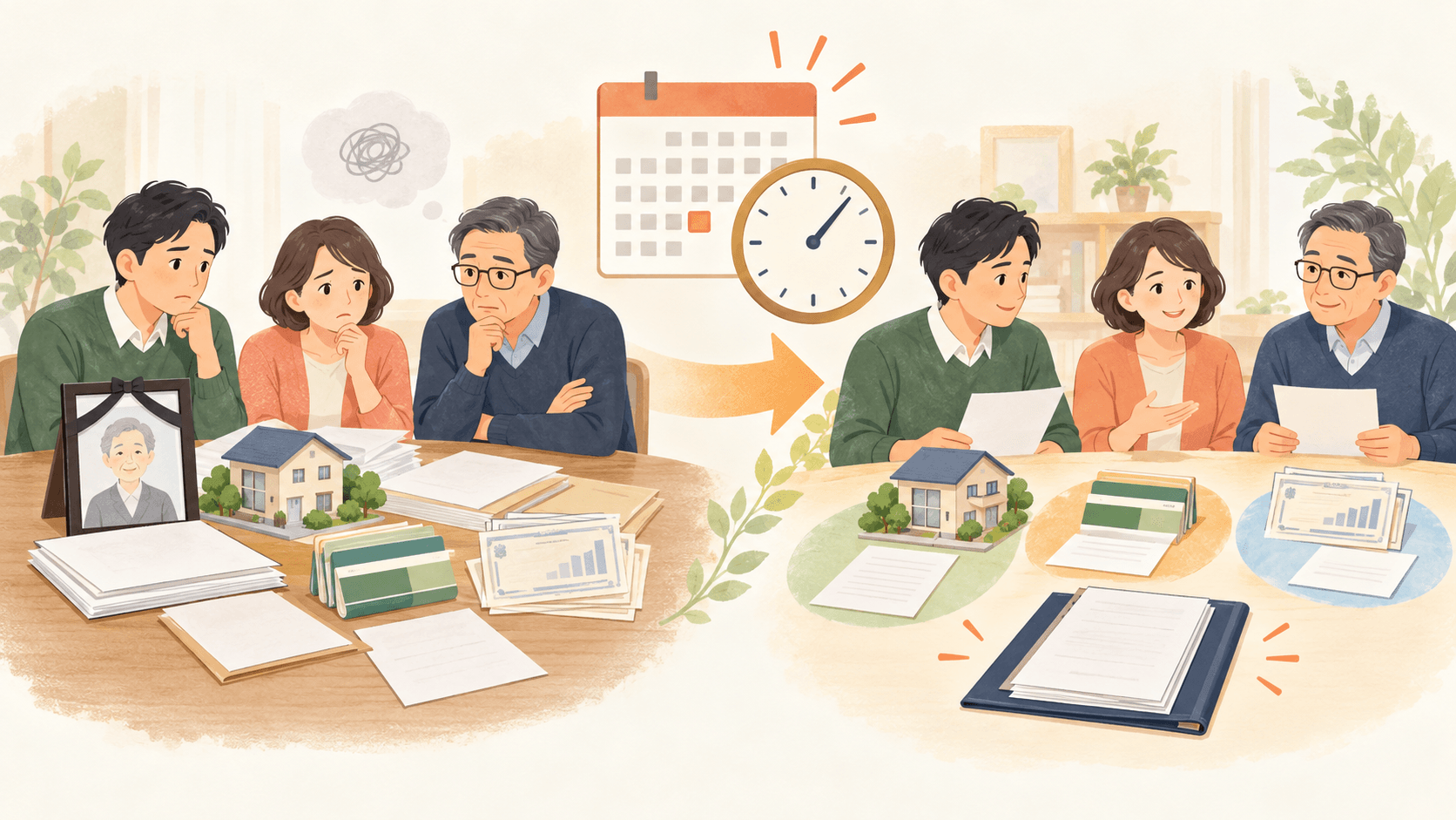 申告期限までにまとまらない遺産分割をいったん申告し後日整える家族のイラスト