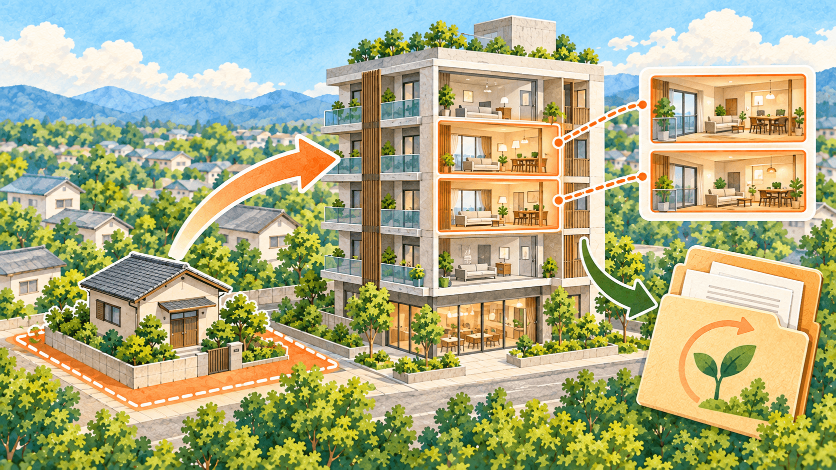 土地と旧建物を提供して新しい中高層建物の区画を受け取るイラスト
