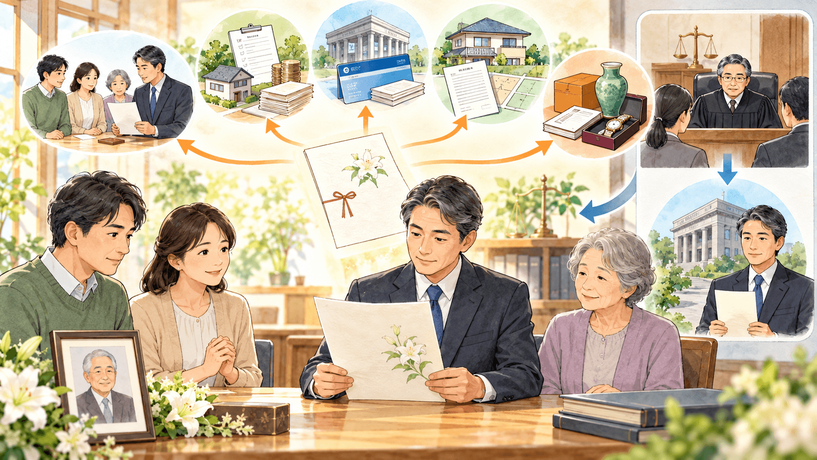 遺言執行者が相続人への通知から財産目録と名義変更を進めるイラスト