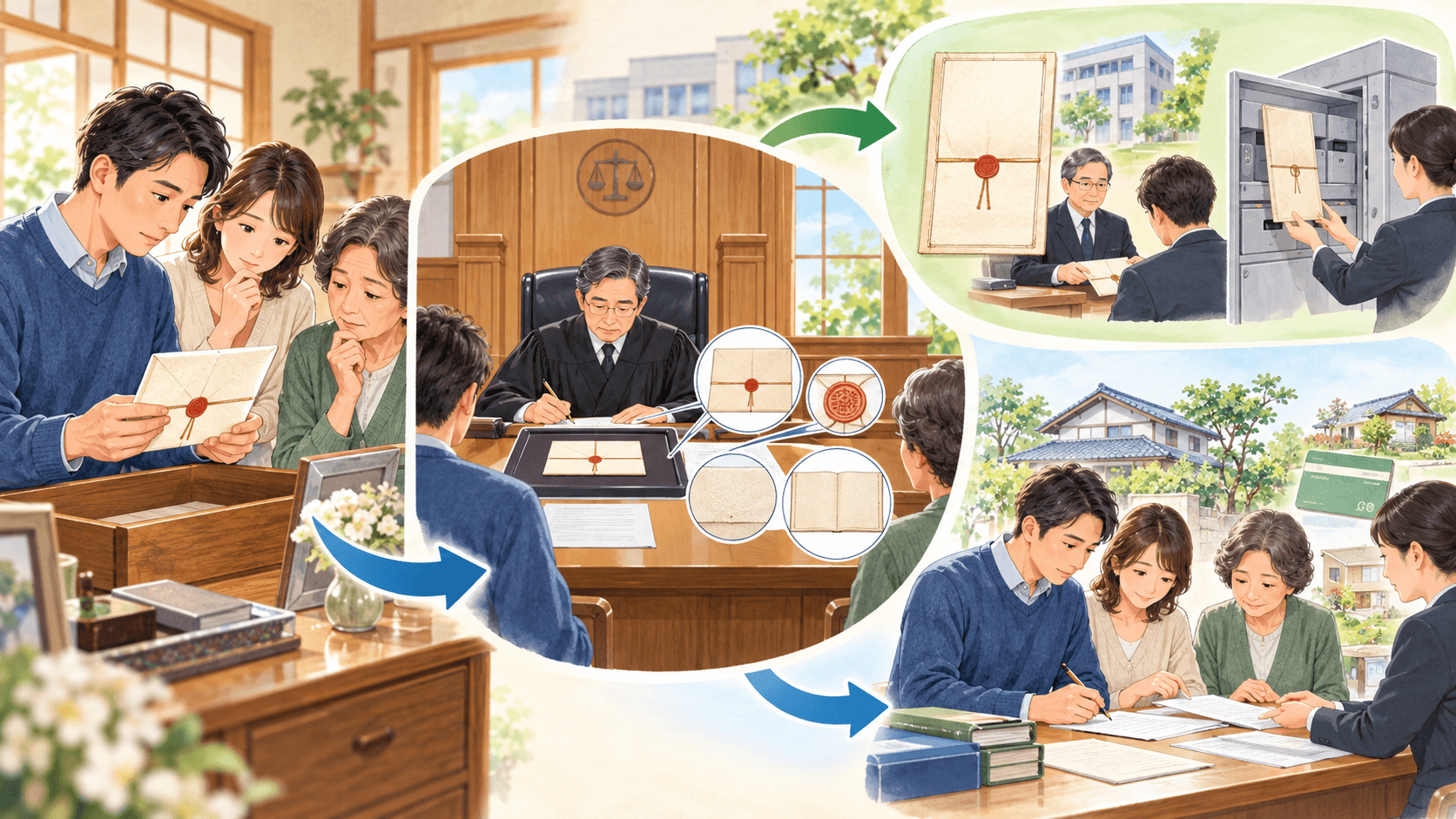 自宅で見つけた封印済み遺言書を開封せず家庭裁判所で検認するイラスト